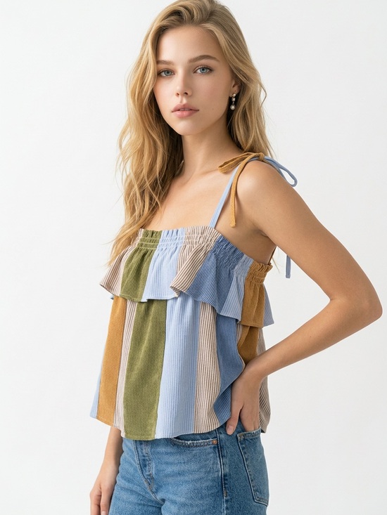 LC Lauren Conrad Tops - LC Lauren Conrad Striped Ruffle Tie-Shoulder Tank in Blue, Olive & Mustard
